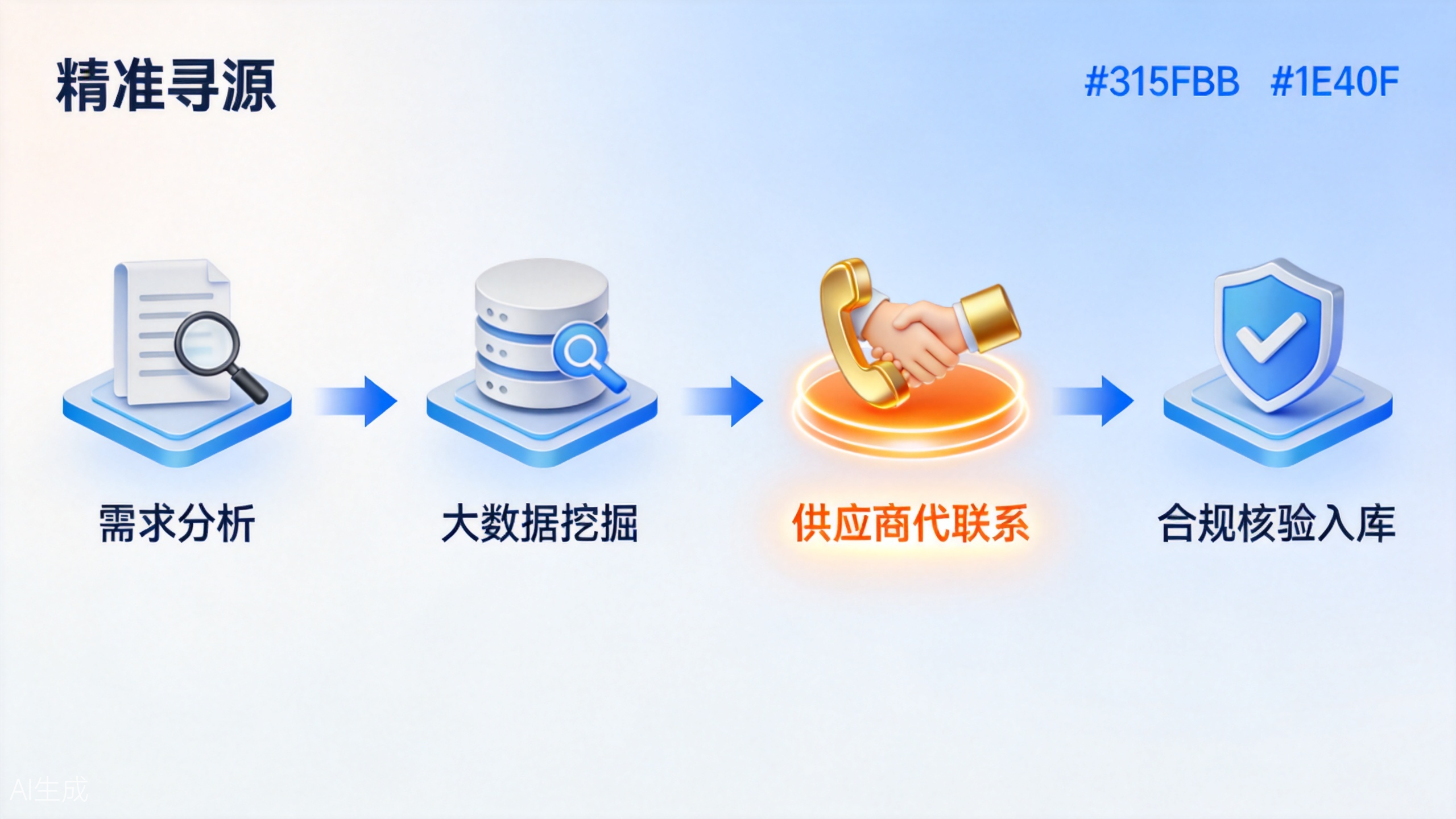 精准寻源流程：需求分析→大数据挖掘→供应商代联系→合规核验入库